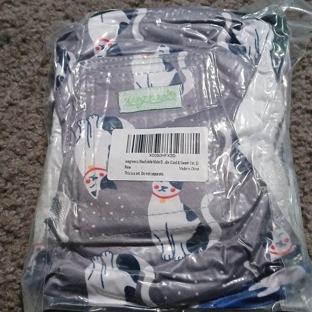 wegreeco Washable Male Dog Belly Band (Stylish Cat Pattern)- Pack of 3  Sz S NEW